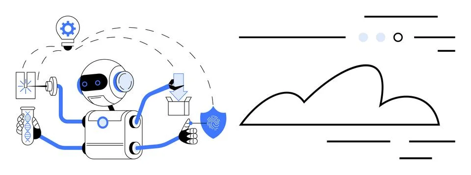 Robot uses multiple arms to complete tasks including research, delivery, and  Stock Illustration