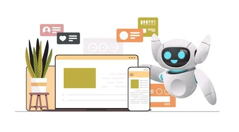 Robot using computer and mobile chatting apps online communication social media Illustrazione stock