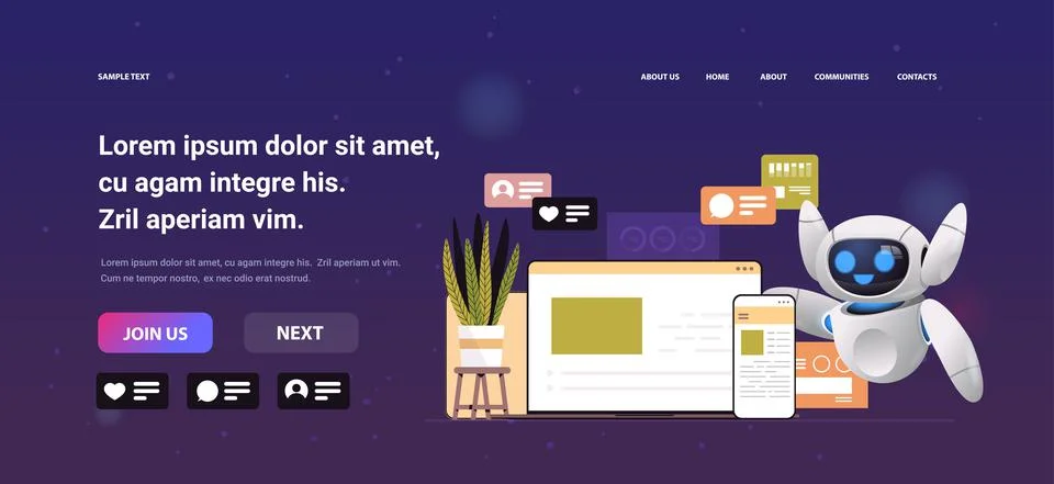 Robot using computer and mobile chatting apps online communication social media Stock Illustration