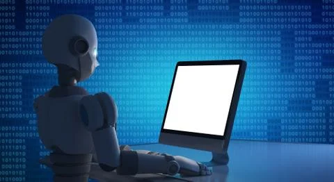 Robot using a computer with blank screen, mock up. Artificial intelligence in Stock Illustration