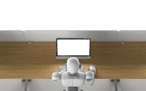 Robot using a computer with blank screen, mock up, top view. Artificial intel Stock Illustration