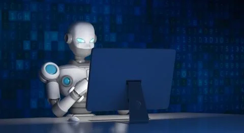 Robot using a computer with data code, artificial intelligence in futuristic  Stock Illustration