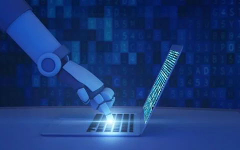Robot using a computer with data code. Hand of artificial intelligence in fut Foto stock