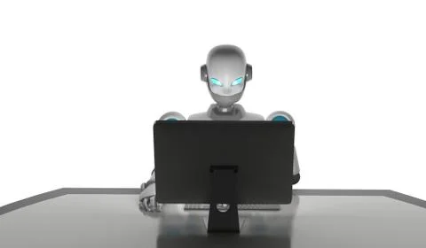 Robot using a computer isolated on white, artificial intelligence in futurist Stock Illustration