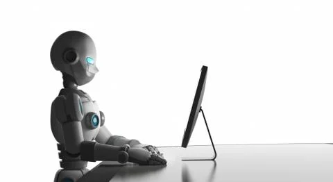 Robot using a computer isolated on white, artificial intelligence in futurist イラスト素材