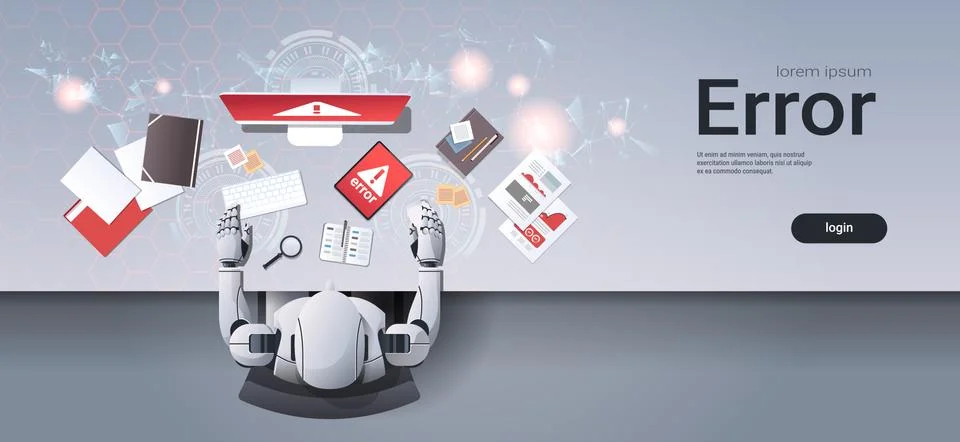 Robot using digital devices problem computer application software error humanoid Ilustración de archivo