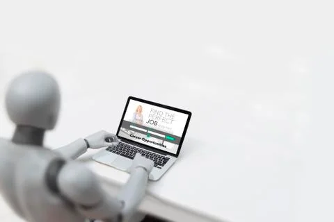 Robot using laptop - Artificial inteligence concept Stockfoto's