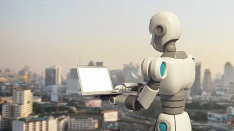 Robot using a laptop computer with blank screen in city, artificial intellige Stock Illustration