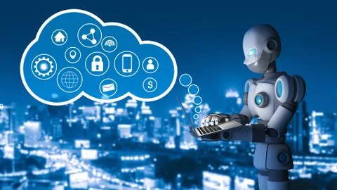 Robot using a laptop computer with circle pointers in city, infographic templ Stock Illustration