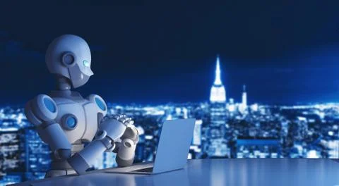 Robot using a laptop computer in city, artificial intelligence in futuristic  Stock Illustration