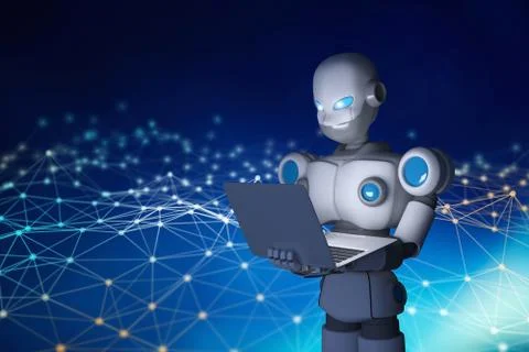 Robot using a laptop computer with connection lines, artificial intelligence  스톡 일러스트