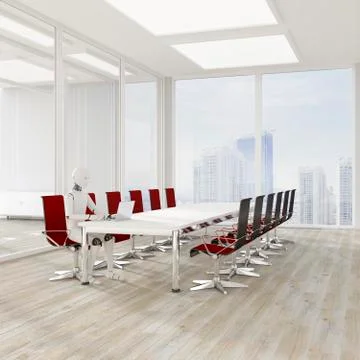 Robot using laptop in conference room, 3d rendering 스톡 일러스트