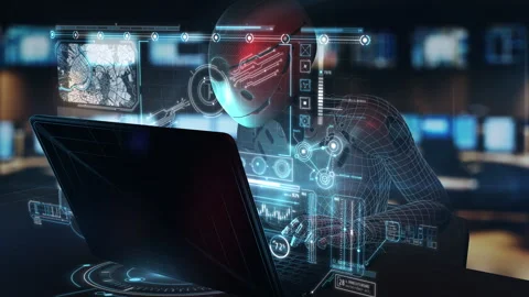 Robot using laptop with futuristic HUD interface and data analysis displaying Stock Footage 303201928