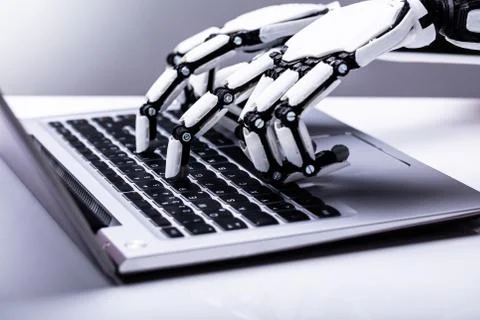 Robot Using Laptop 스톡 사진
