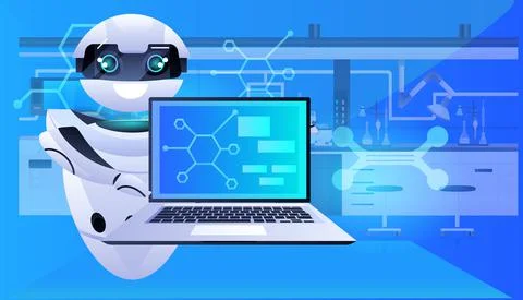 Robot using laptop robotic chemists making experiments in lab artificial Stock Illustration