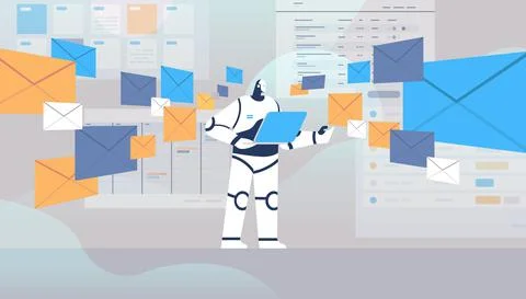 Robot using laptop sending and receiving envelopes email letters artificial Illustrazione stock