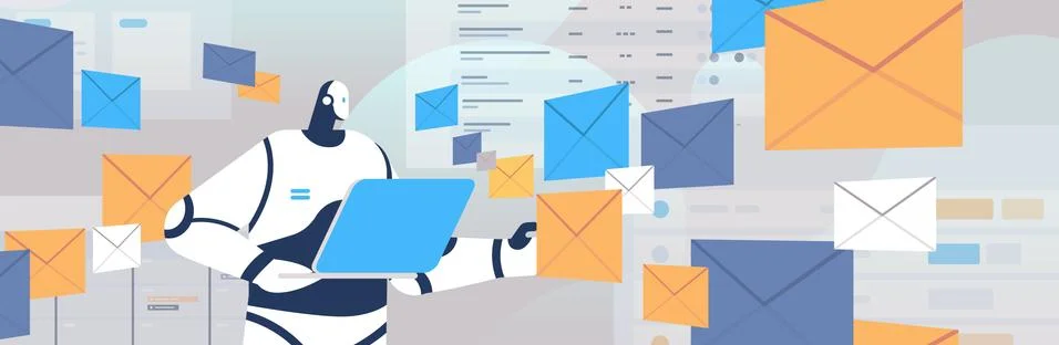 Robot using laptop sending and receiving envelopes email letters artificial Illustrazione stock
