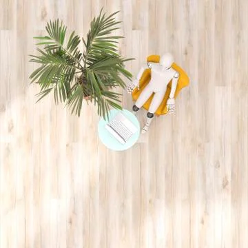 Robot using laptop under palm tree, 3d rendering Illustrazione stock