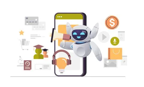 Robot using loudspeaker on smartphone screen chatbot ai faq service mobile Illustrazione stock