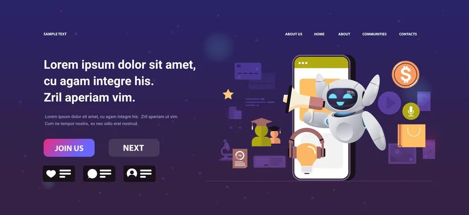 Robot using loudspeaker on smartphone screen chatbot ai faq service mobile Stock Illustration