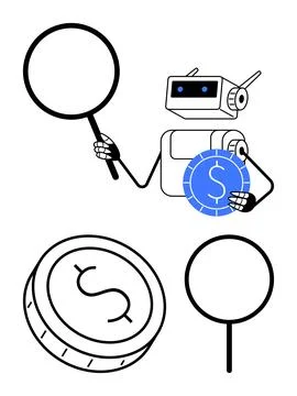 Robot Using Magnifying Glass to Inspect Cryptocurrency Coin, Financial Tech.. 스톡 일러스트