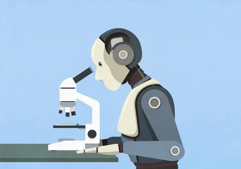 Robot using microscope against blue background Stock Illustration