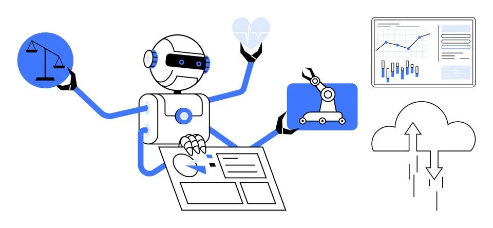 Robot using multiple arms to handle legal scales, healthcare, industrial robo Stock Illustration