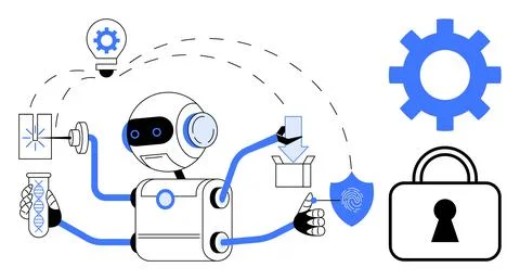 Robot using multiple arms to handle various tasks including engineering, rese Illustrazione stock