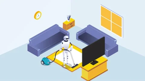 Robot using a vacuum cleaner to cleaning a carpet Stock Footage 149086544