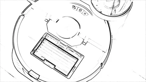 Robot vacuum cleaner black and white doodle art Stock Footage 171610656