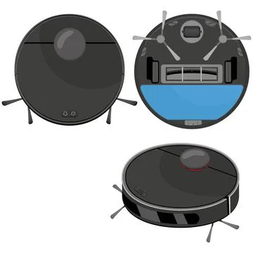 Robot vacuum cleaner black from different sides, color vector illustration is Stock Illustration