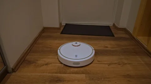 Robot vacuum cleaner cleans the hallway Stockbeeldmateriaal 105189204