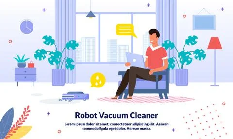 Robot Vacuum Cleaner Flat Vector Promo Banner Stock Illustration