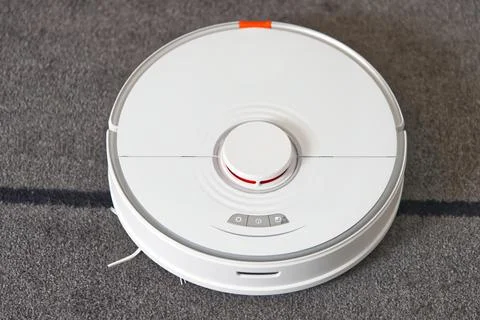 Robot vacuum cleaner performs automatic cleaning on carpet. Foto stock