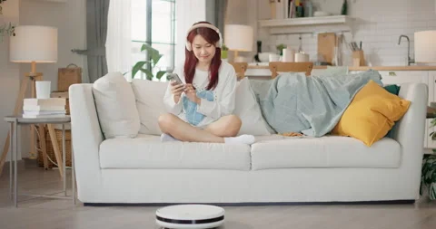 Robot vacuum cleaner, Smart home technology makes life easier and comfortable. Video stock 302700564