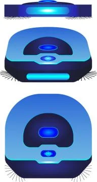 Robot vacuum cleaner in three different angles. Blue robot vacuum cleaner Stock Illustration