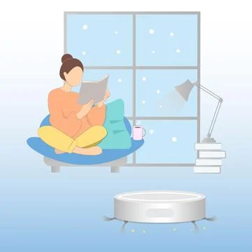 Robot vacuum cleaner working while woman resting. Stock Illustration
