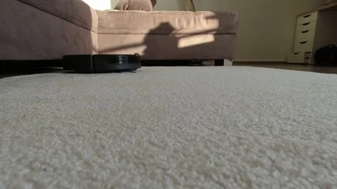 Robot vacuum cleaning the carpet in front of the couch in living room Stock Footage 238899435