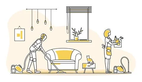 Robot vacuuming living room while human arranges cleaning supplies, illustr.. Stock Illustration