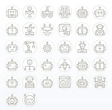 Robot Vector Graphics featuring 32 Thin Line Detail Enhanced 128x128 Designs イラスト素材