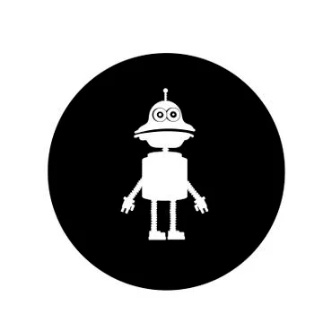 Robot. Vector illustration in the form of a black and white round icon for we Stock Illustration