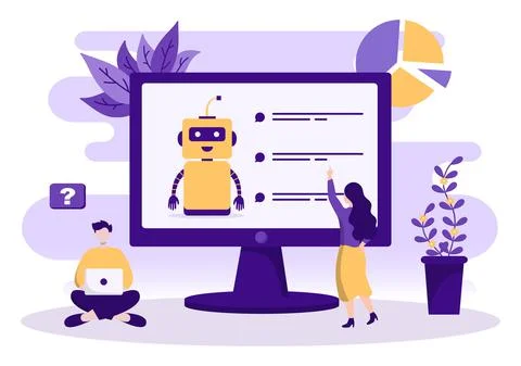 Robot Virtual Assistance or Chatbot Background Vector illustration. People sm Stock Illustration