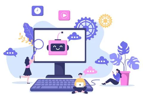 Robot Virtual Assistance or Chatbot Background Vector illustration. People sm Stock Illustration