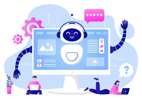 Robot Virtual Assistance or Chatbot Background Vector illustration. People sm Stock Illustration