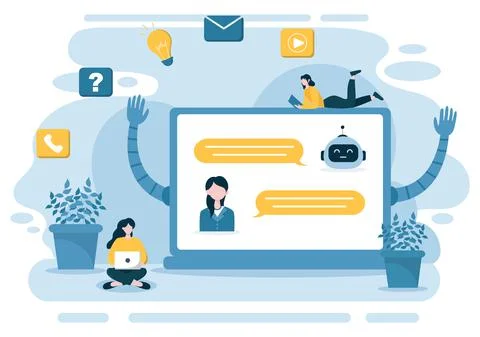 Robot Virtual Assistance or Chatbot Background Vector illustration. People sm Stock Illustration