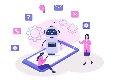 Robot Virtual Assistance or Chatbot Background Vector illustration. People sm Stock Illustration