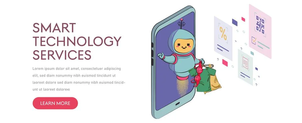 Robot virtual assistant website or mobile apps. robot with shopping sale holi Stock Illustration