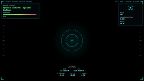 Robot visor overlay and drone POV with crosshair, telemetry and GPS coordinates Stock Footage 339911651