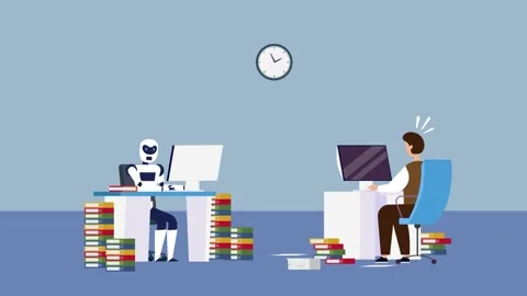 Robot vs human - High productivity artificial intelligence working at PC Stock Footage 237454016
