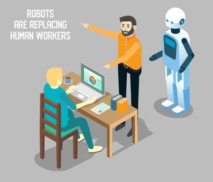 Robot vs human labor vector isometric illustration Stock Illustration